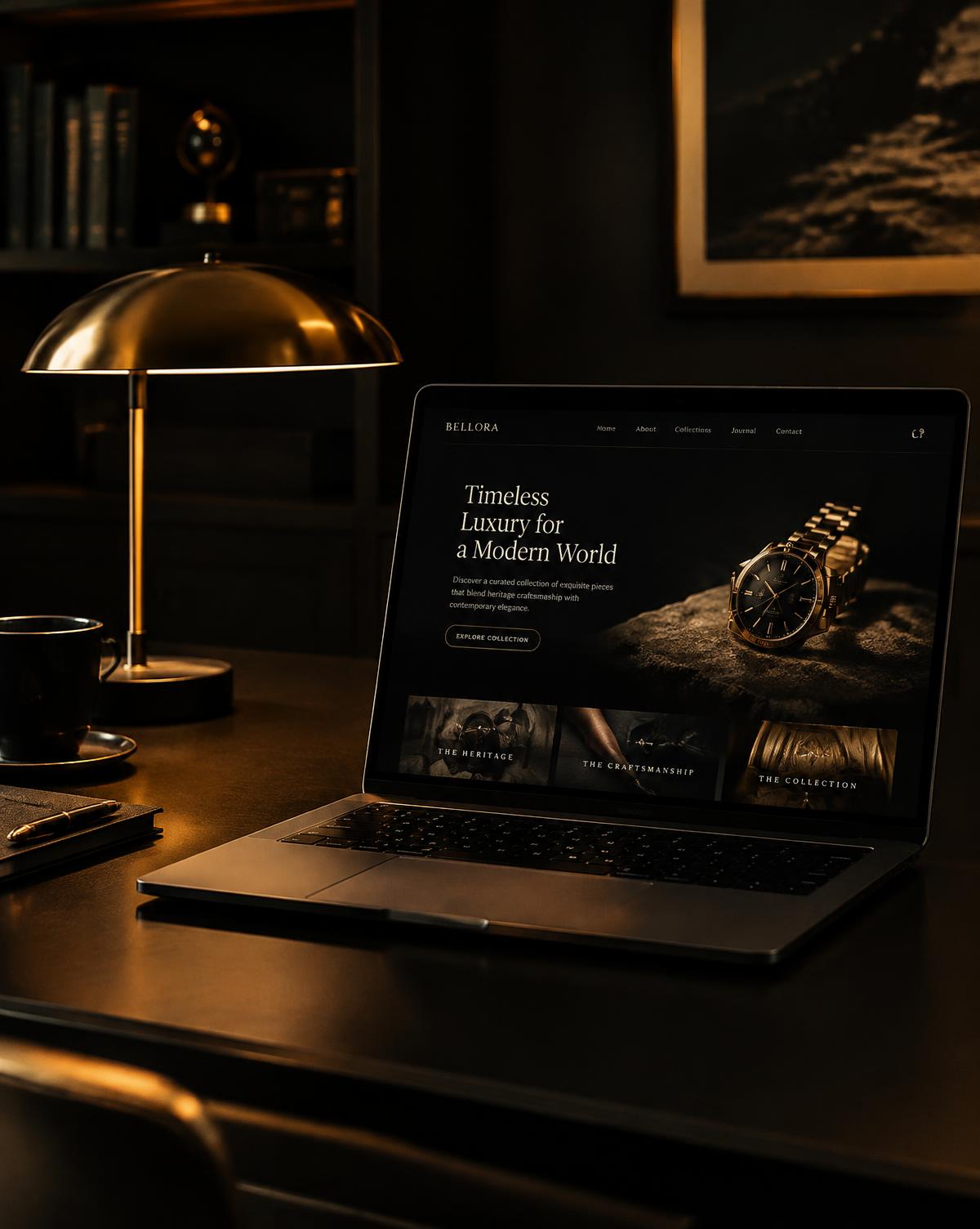 Laptop showing a dark luxury website concept